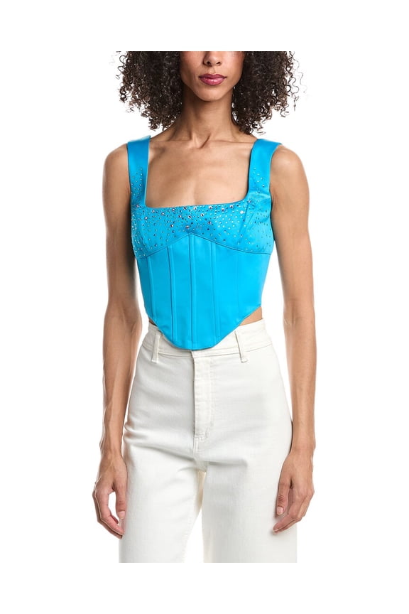 womens Satin Beaded Lace-Up Bustier, m, Blue