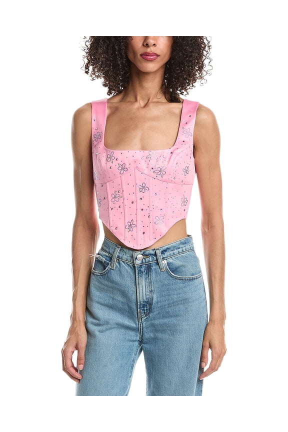 womens Satin Beaded Lace-Up Bustier, m, Pink