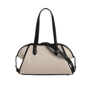 GULUCK Women Linen Canvas Spliced Leather Tote Bag, Minimalist Casual Bowling Shoulder Handbag