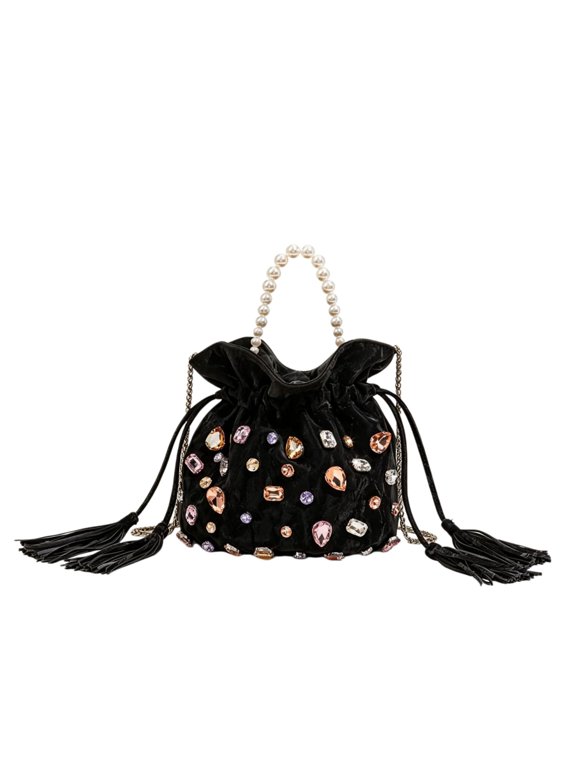Women Vintage Pearl Rhinestone Drawstring Crossbody Bag, Handheld Evening Purse