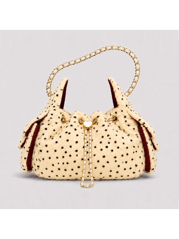 Women’s Plush Polka‑Dot Drawstring Bucket Bag, Chain Strap Shoulder Tote Top‑Handle Handbag, Versatile Commuter Purse for Daily Wear