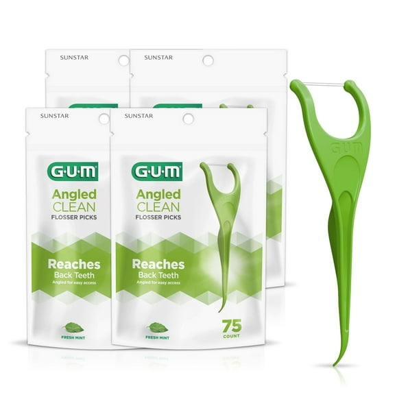 GUM Angled Floss Picks, Perfe Count for Tight Teeth, Extra Strong Shred-Resistant Dental Floss, 75 Count (4pk)