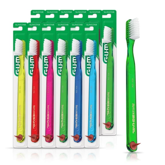 GUM Classic Soft Toothbrush, Compact Head, Includes Rubber Tip Dental Pick 1 Count (Pack of 12)