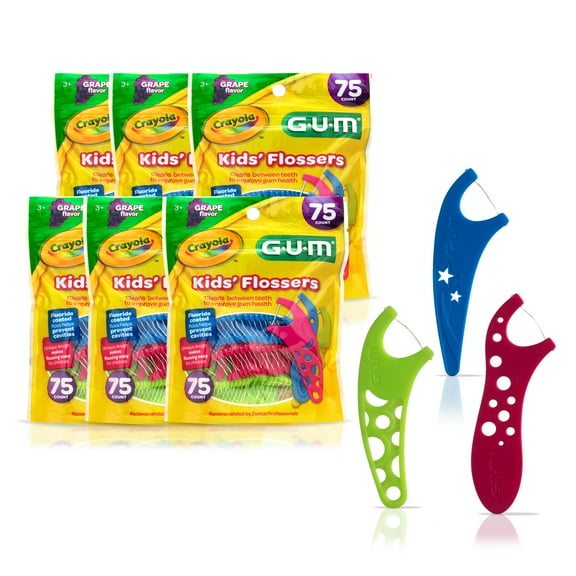 GUM Crayola Kids Flossers with Fluoride - Designed for Little Hands, Ages 3+, 75 Count (Pack of 6)