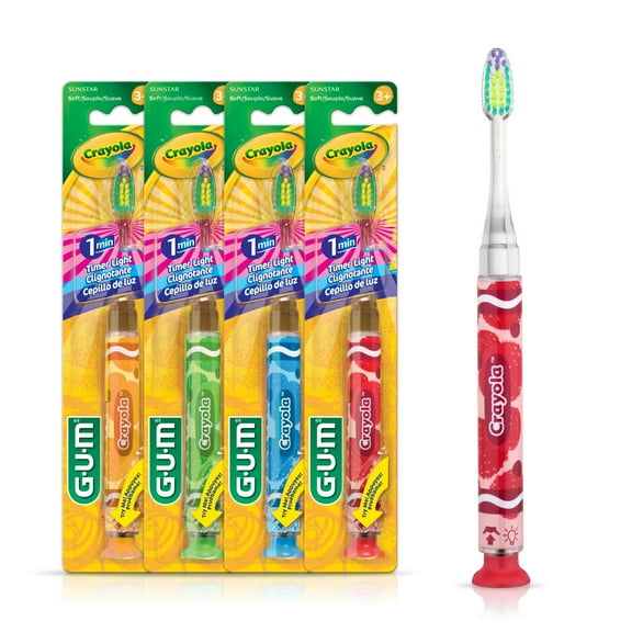 GUM Crayola Timer Light Toothbrush for Kids, Su Countion Cup Base, 3 Year Old+, 1 Count (Pack of 4)