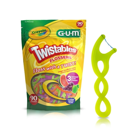 GUM Crayola Twistables Kids Flossers with Fluoride - Designed for Little Hands, Ages 3+,90 Count