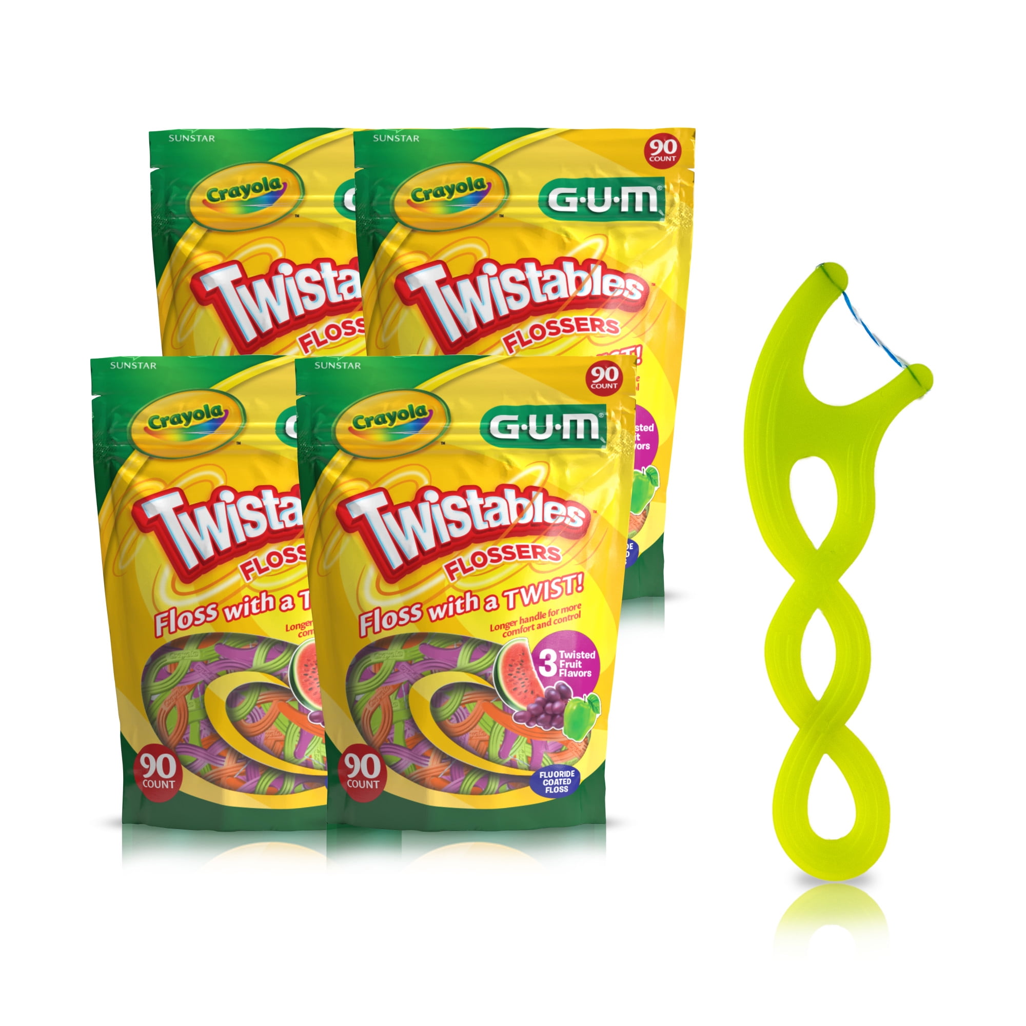 GUM Crayola Twistables Kids Flossers with Fluoride - Designed for Little Hands, Ages 3+, 90  Count (4pk)