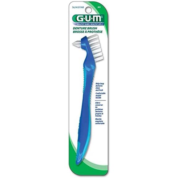 GUM Denture Brush, Flat Bristled Head, For Removable Dentures and Acrylic Retainers , Green or Blue - 201RYB