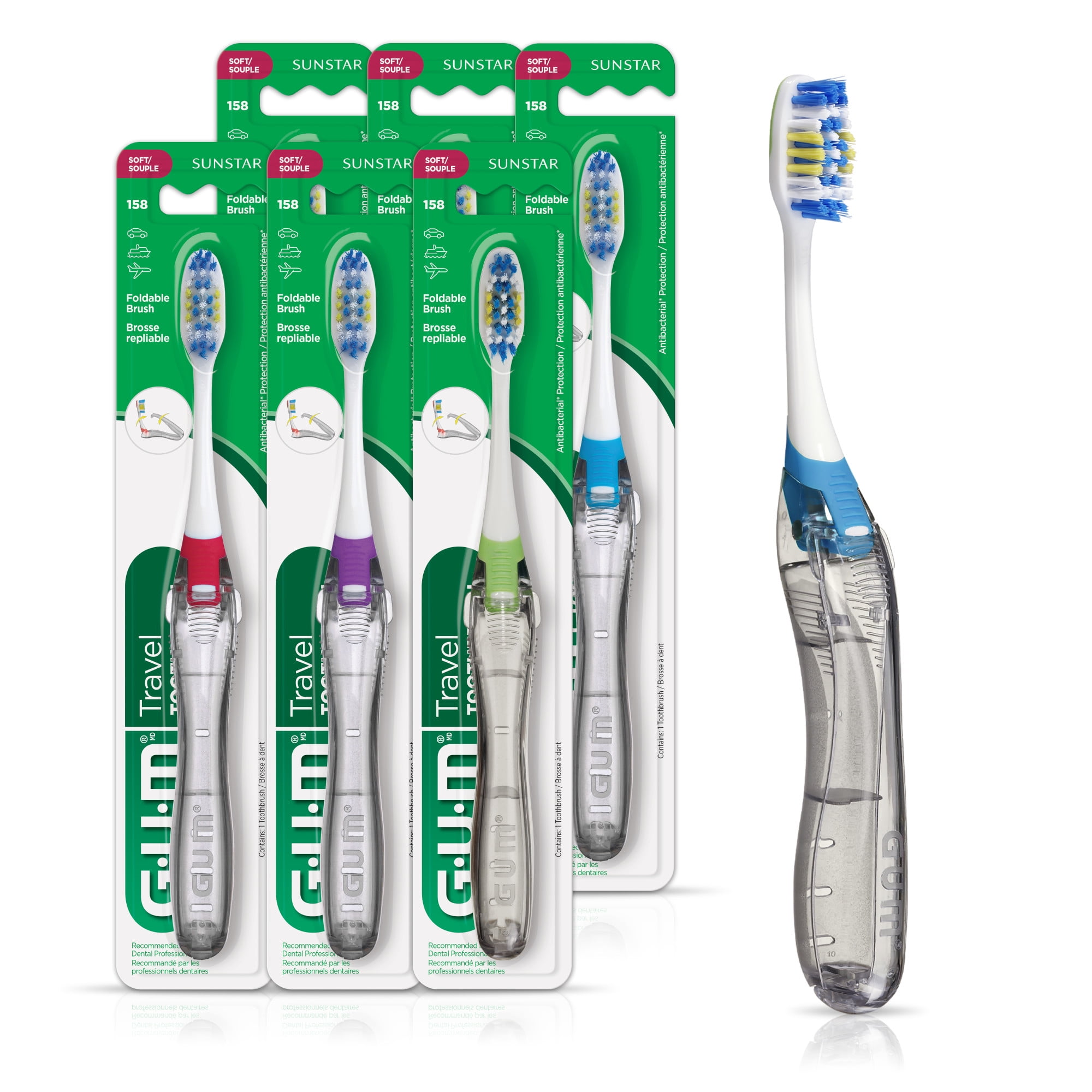 GUM Folding Travel Toothbrush, Compa Count Head + Tongue Cleaner, Soft Bristled, 1 Count (Pack of 6)