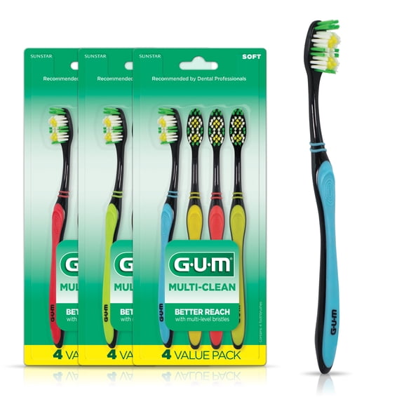 GUM Multi-Clean Toothbrush, Soft Multi-Level Bristles, Medium Head, 4 Count (Pack of 3)