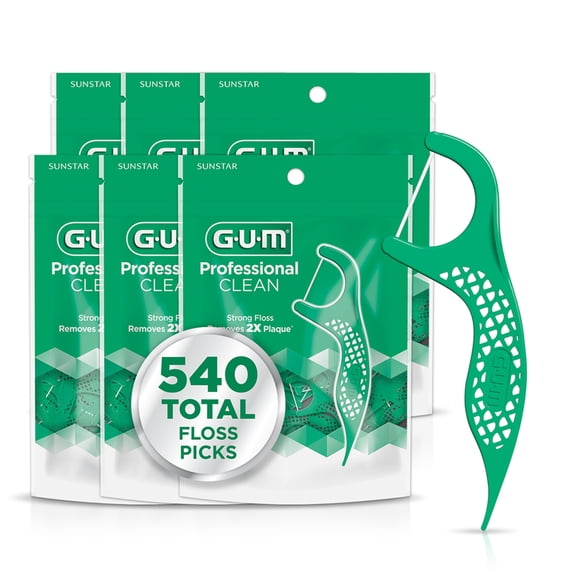 GUM Professional Clean Floss Picks - Extra Strong Shred-Resistant, Easy Grip Handle, 90 Count (Pack of 6) 540 Total