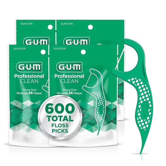 GUM Professional Clean Floss Picks - Extra Strong Shred-Resistant Floss, Easy Grip Handle - Dental Flossers for Adults - Fresh Mint Flavor, 150 Count (Pack of 4) 600 Total