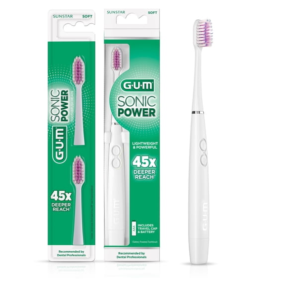 GUM Sonic Powered Toothbrush Bundle, White, 1 handle( 1 Count) + 2 Refills(2 Count. 1pk)