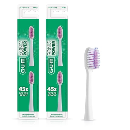 GUM Sonic Powered Toothbrush, Refills, White 2 Count. (Pack of 2)