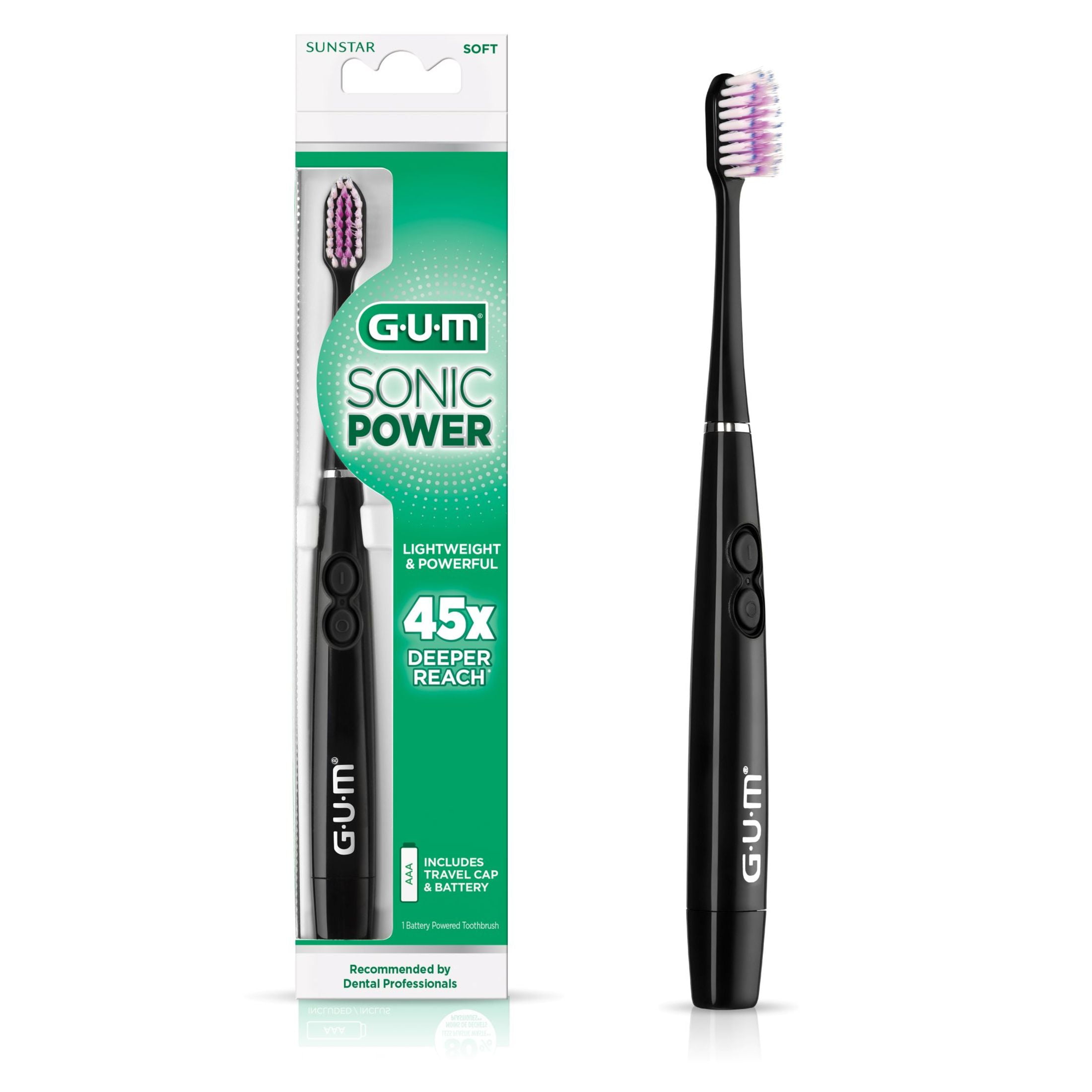 GUM Sonic Battery Powered Toothbrush, Tapered Bristles Clean Below the Gumline, Black, 1 Count.