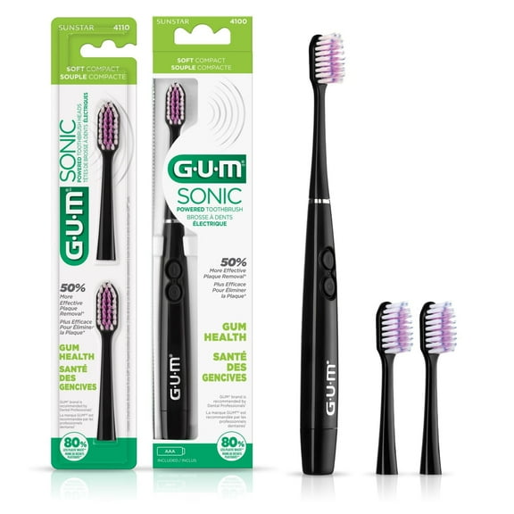 GUM Sonic Powered Toothbrush Bundle, Black, 1 handle( 1 Count) + 2 Refills(2 Count. 1pk)