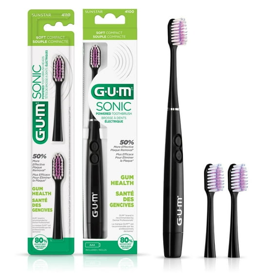 GUM Sonic Powered Toothbrush Bundle, Black, 1 handle( 1 Count) + 2 Refills(2 Count. 1pk)