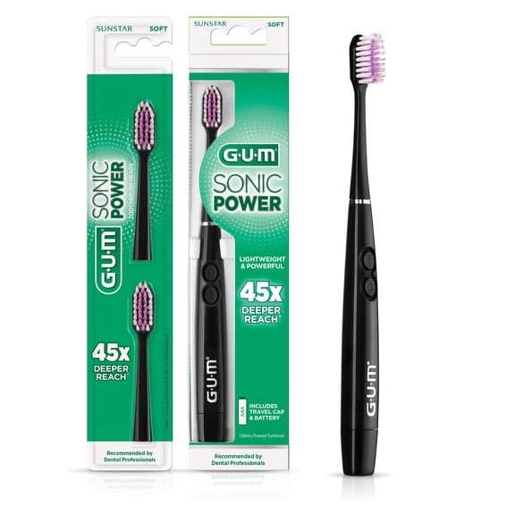 GUM Sonic Powered Toothbrush Bundle, Black, 1 handle( 1 Count) + 2 Refills(2 Count. 1pk)