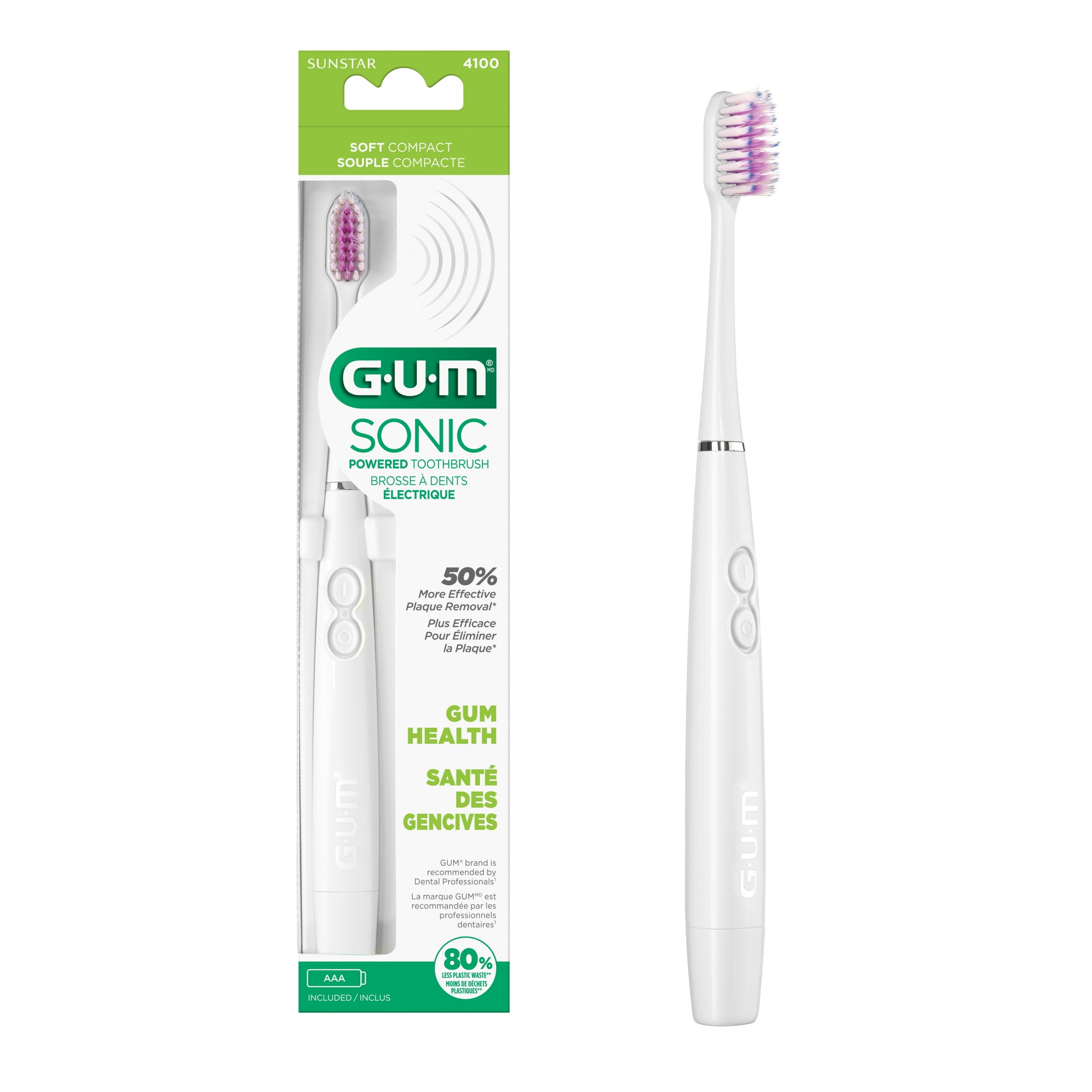 GUM Sonic Battery Powered Toothbrush, Tapered Bristles Clean Below the Gumline, White, 1 Count