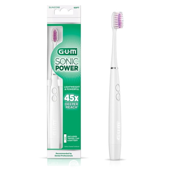 GUM Sonic Battery Powered Toothbrush, Tapered Bristles Clean Below the Gumline, White, 1 Count.