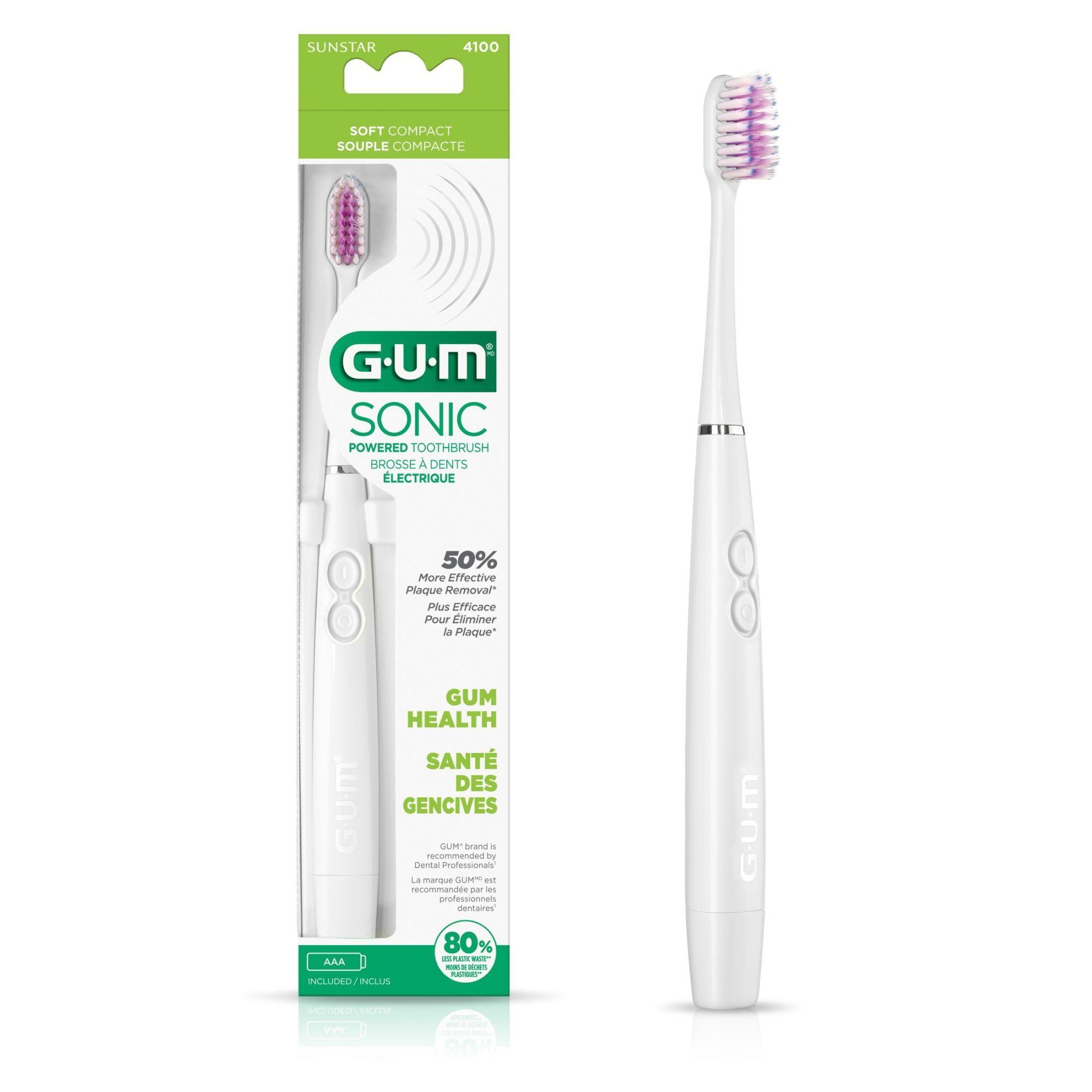 GUM Sonic Battery Powered Toothbrush, Tapered Bristles Clean Below the Gumline, White, 1 Count