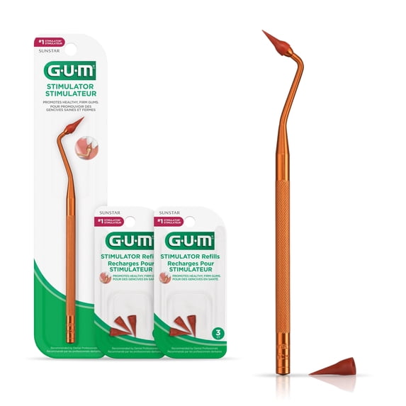 GUM Stimulator Permanent Handle - Long Handled Massager for gums (Handle + 2 Refill Packs)