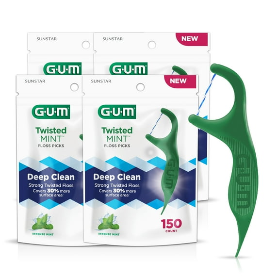 GUM Twisted Mint Floss Picks - Twisted Threads, Shred-Resistant Floss, Easy Grip Handle, 150 Count (Pack of 4)
