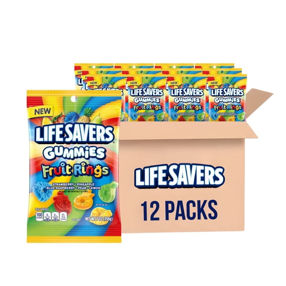 GUMMIES Fruit Rings Strawberry, LIFE SAVERS Pineapple, Blue Raspberry, Pear and Lemon Gummy Candy, 7 Oz, Pack of 12 | Fun Shaped Gummies | On-the-Go | Ships in an Aromatik Damage Proof Box