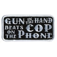 thumbnail image 1 of GUN IN THE HAND Beats Cop On The Phone, Thread Embroidered Iron-On / Saw-On Rayon PATCH - 4" x 2", 1 of 1