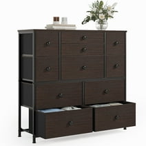 GUNAITO 11 Fabric Drawers Dresser Chest of Drawers for Bedroom Faux Leather Rustic Brown Finish with Wood Top Sturdy Steel Frame