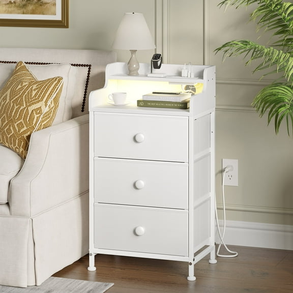 GUNAITO 3 Drawers Nightstand with Charging Station, Bedside Table with LED Light, Modern End Side Table for Bedroom Living Room，White