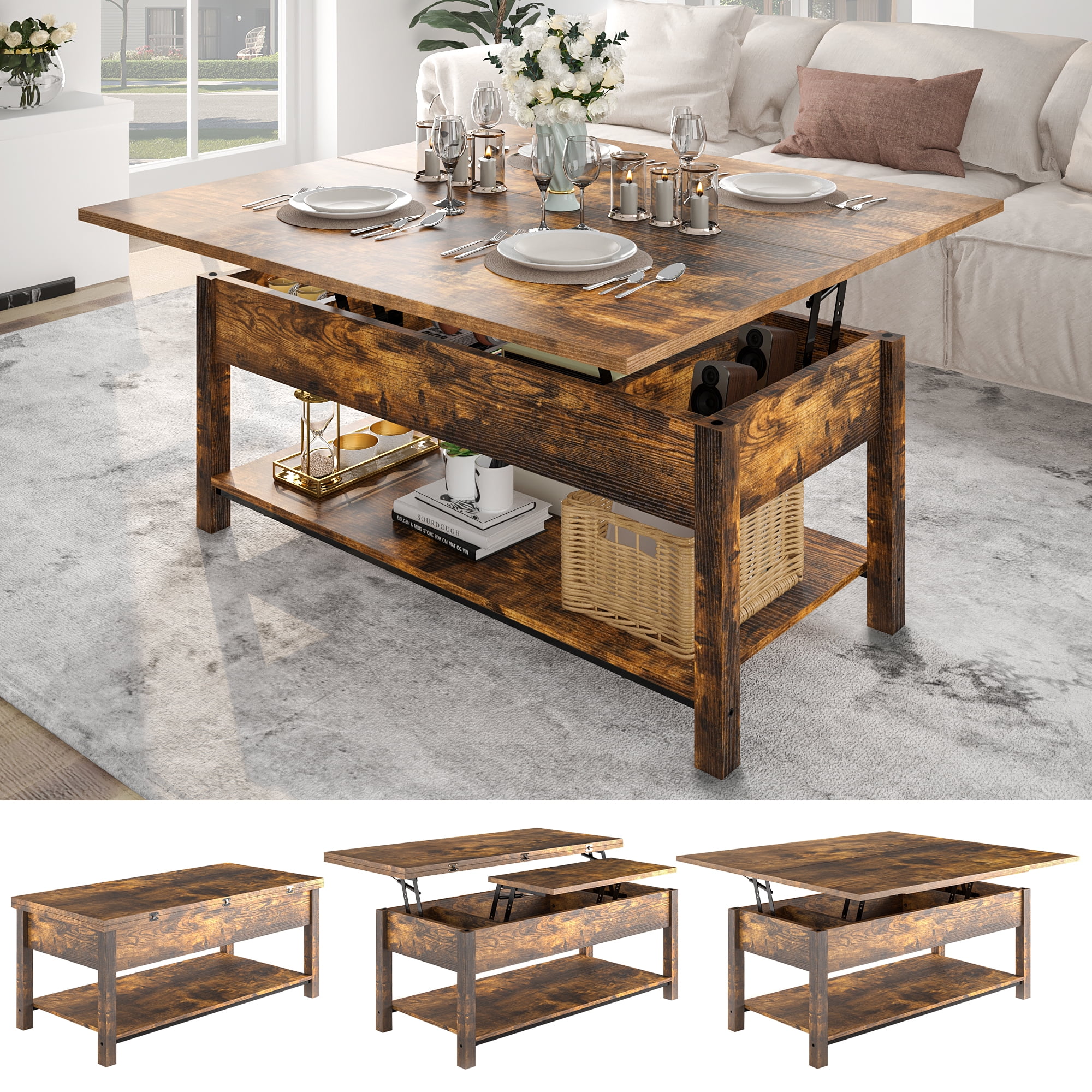 GUNAITO 41.73"Lift Top Coffee Table 4 in 1 Multi-Function Convertible Coffee Table with Hidden Storage Framhouse Coffee Table for Living Room Rustic Brown - image 1 of 8