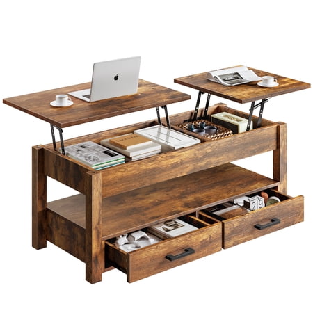 GUNAITO 47.2"Lift Top Coffee Table with Storage 2 way Lift Top Coffee Table with Drawers Farmhouse Center Table for Living Room Rustic Brown
