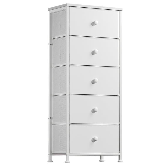 GUNAITO 5 Drawer Dresser for Bedroom Tall Narrow Chest of Drawers Fabric Storage Dresser for Adults,White