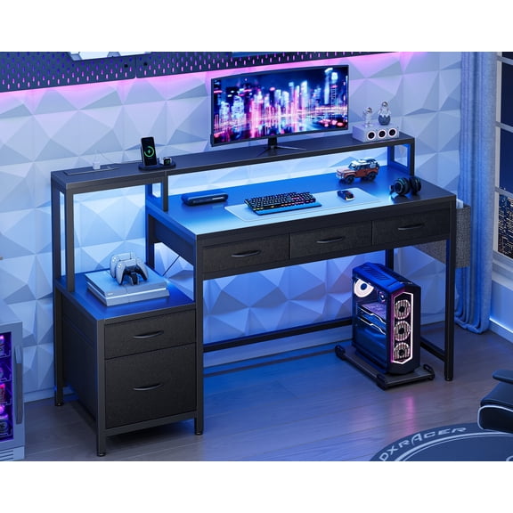 GUNAITO 60 inch Gaming Desk with 5 Fabric Drawers & Storage Shelves, Computer Desk with LED Lights & Charging Station, Carbon Fiber Black
