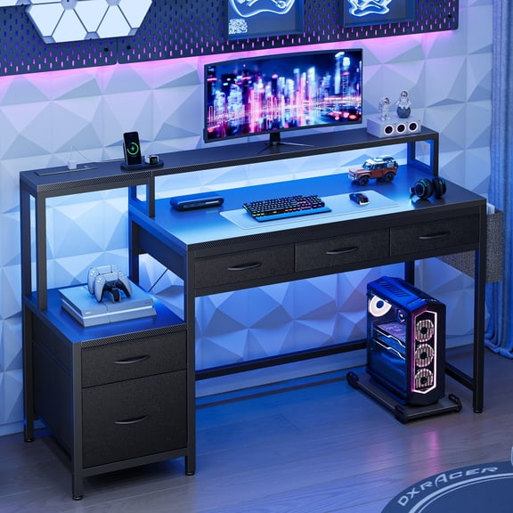 GUNAITO 60 inch Gaming Desk with 5 Fabric Drawers & Storage Shelves, Computer Desk with LED Lights & Charging Station, Carbon Fiber Black