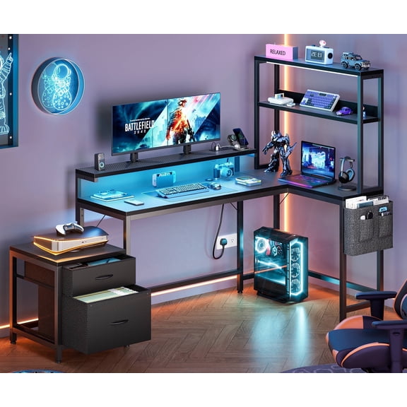 GUNAITO L Shaped Gaming Desk with CPU Stand, 71" Corner Computer Desk,Reversible Office Desk with File Drawers Cabinet,3-Tier Shelf,Carbon Fiber Black