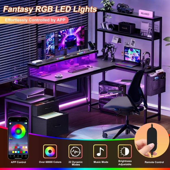 GUNAITO 71" L Shaped Gaming Desk with 2 Drawers and shelves, Corner Desk with LED Lights & Power Outlets,Carbon Fiber Black