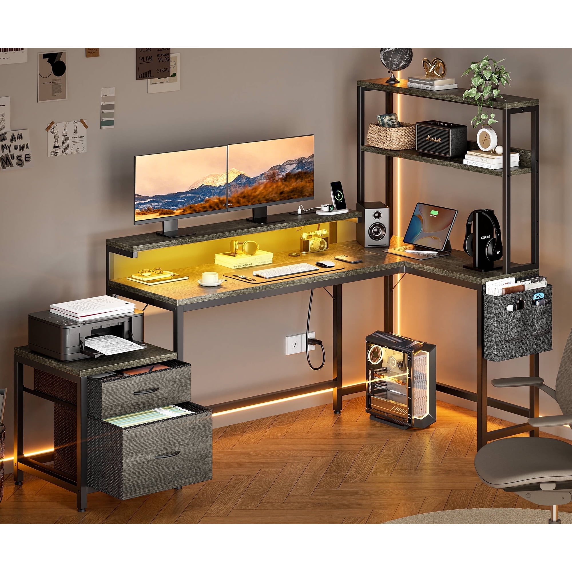 GUNAITO L Shaped Gaming Desk with CPU Stand, 71" Corner Computer Desk,Reversible Office Desk with File Drawers Cabinet,3-Tier Shelf,Gray