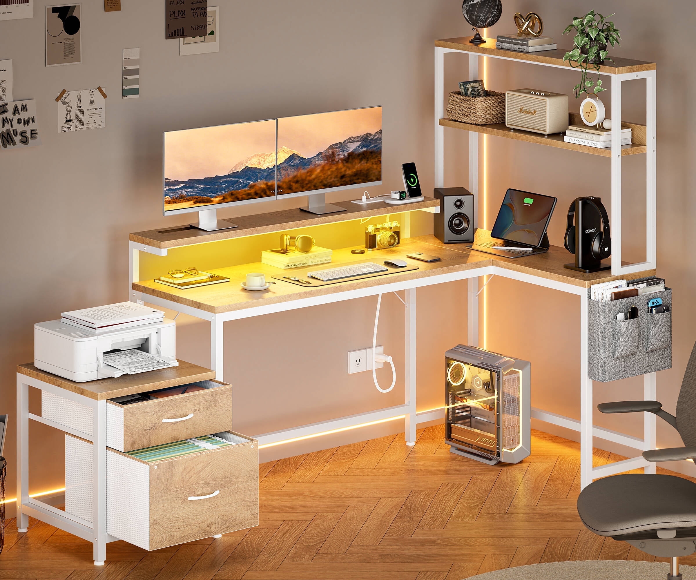 GUNAITO L Shaped Gaming Desk with CPU Stand, 71" Corner Computer Desk,Reversible Office Desk with File Drawers Cabinet,3-Tier Shelf,Natural