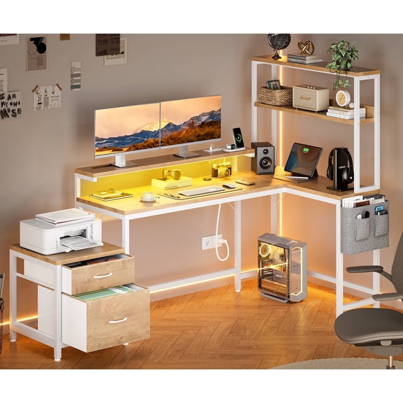 GUNAITO L Shaped Gaming Desk with CPU Stand, 71" Corner Computer Desk,Reversible Office Desk with File Drawers Cabinet,3-Tier Shelf,Natural