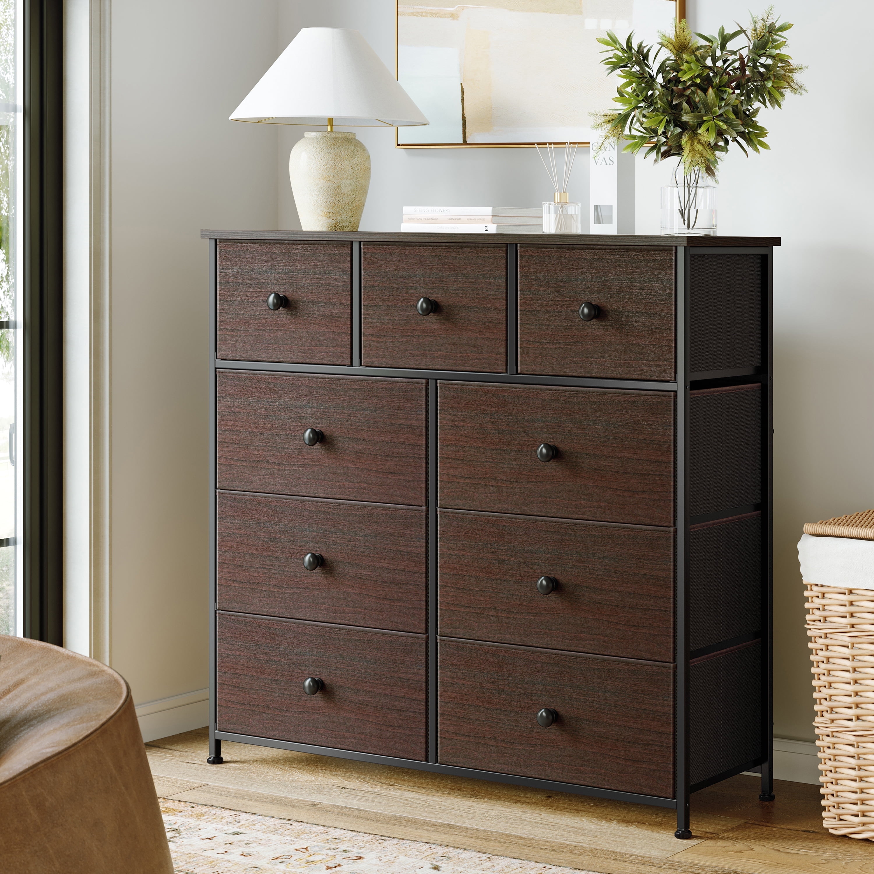 GUNAITO Horizontal Furniture, 9-Drawer Dresser, Leather Finish Chest of Drawers for Home and Bedroom, Brown