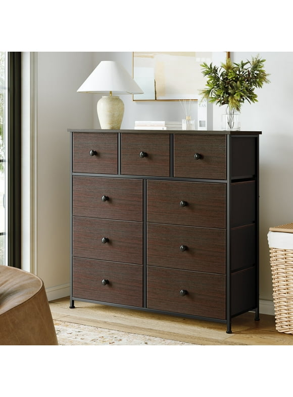 GUNAITO 9 Drawers Dresser, Chest of Drawers Fabric Dressers with Leather Finish for Adult Dressers for Bedroom Brown