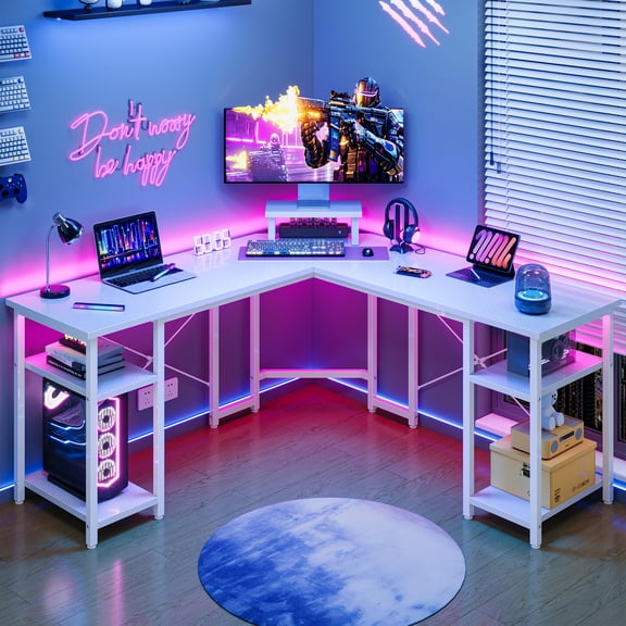 GUNAITO L Shaped Gaming Desk with CPU Stand, 61" Modern Corner Computer Desk,Reversible Office Desk 4-Tier Shelf,White