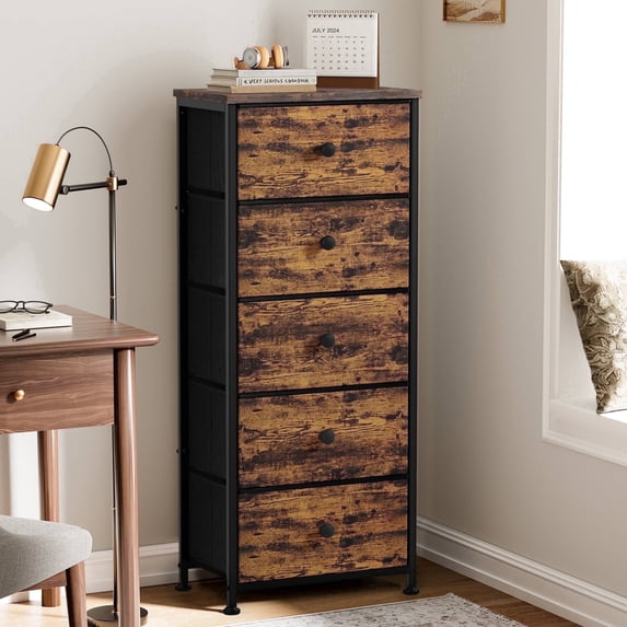 GUNAITO 5 Drawer Dresser for Bedroom Tall Narrow Chest of Drawers Fabric Storage Dresser for Adults,Rustic Brown