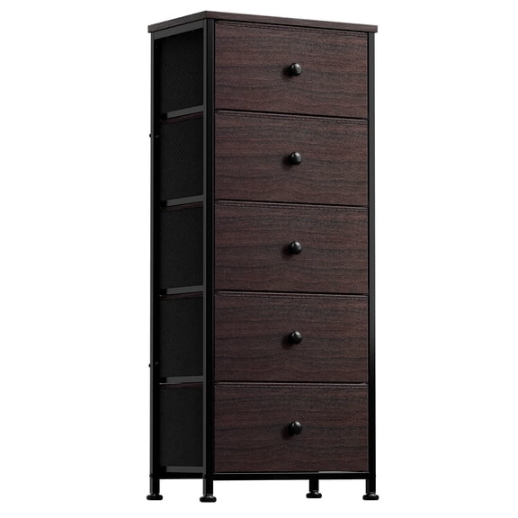 GUNAITO 5 Drawer Dresser for Bedroom Tall Narrow Chest of Drawers Fabric Storage Dresser for Adults,Brown