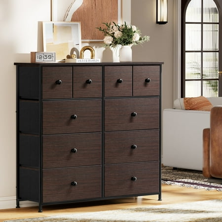 GUNAITO Dressers for Bedroom with 10 Drawer Fabric Chest of Drawers Storage Drawer Unit Tower Luxury Leather Finish Dark Brown