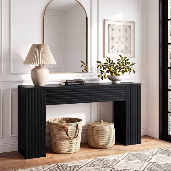 GUNAITO Farmhouse Console Table, 61" Fluted Long Sofa Table Behind Couch with Storage for Entryway, Black