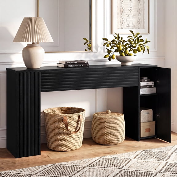 GUNAITO Farmhouse Console Table, 61" Fluted Long Sofa Table Behind Couch with Storage for Entryway, Black