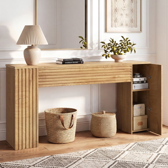 GUNAITO Farmhouse Console Table, 61" Fluted Long Sofa Table Behind Couch with Storage for Entryway, Natural